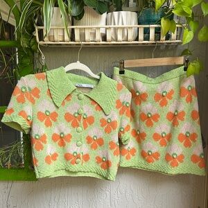 Zara Green Floral Knit Crop Cardigan & Skirt Set with Orange Flowers